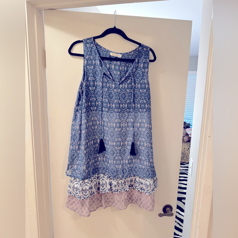 Bohemian Geo Dress, Boho Mini Dress, Smokey Blue Pink, Cute Ruffle Dress